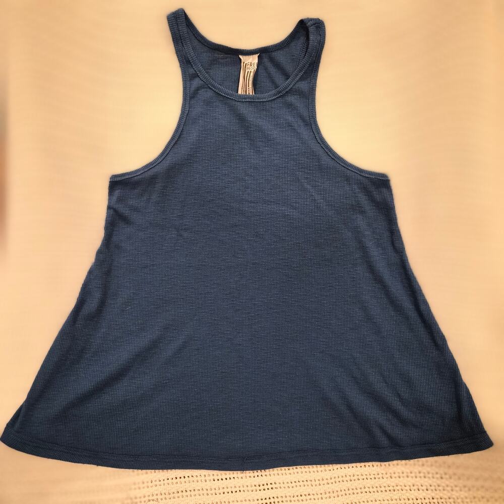 Free People S High Neck Ribbed Swing Tank Top Slate Blue Boho Long Beach